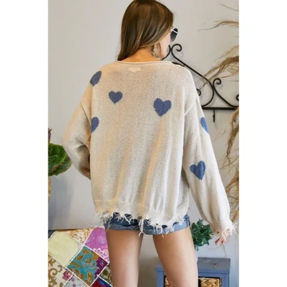 Khaki Blue Heart Valentines Day Distressed Frayed Hem Relaxed Knit Sweater - Picture 5 of 5